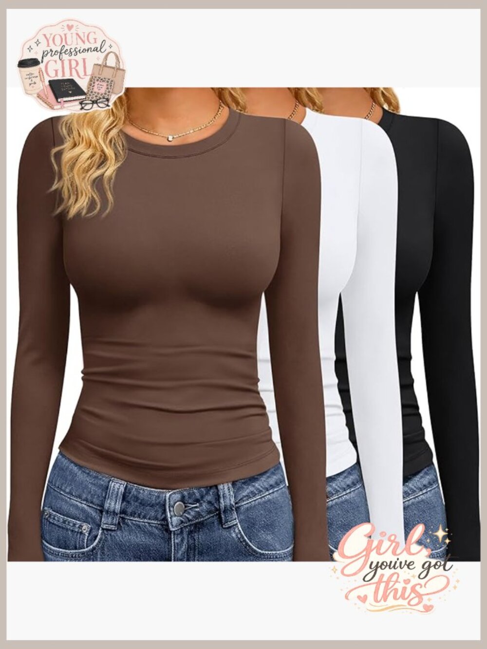 3 Pack Long Sleeve Shirts for Women Crew Neck Fitted Workout Tees